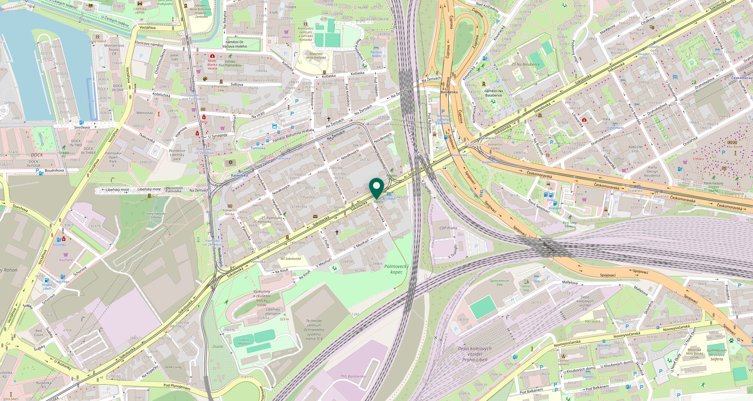Map showing the Deskohub Workspace location in Palmovka